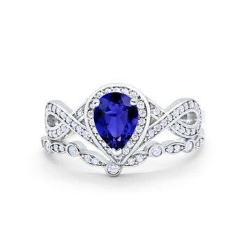 Teardrop Wedding Ring Band Piece Simulated Blue Sapphire CZ 925 Sterling Silver
